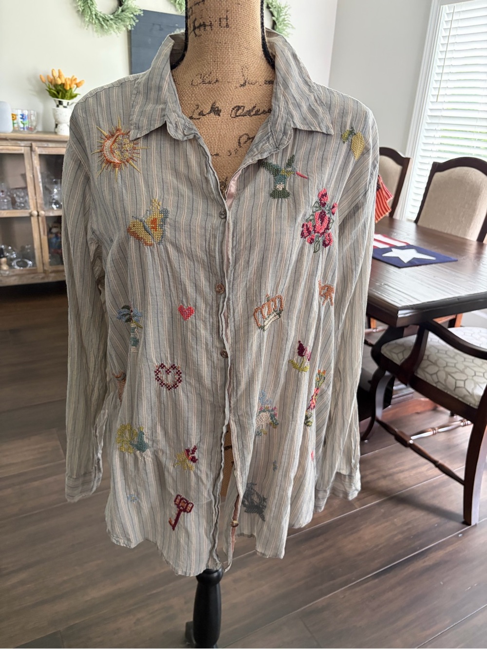 EUC Johnny Was Gray & White Striped Button-Up Shirt